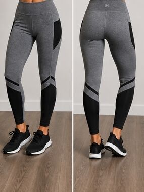 Adrienne Vittadini Gray Black Athletic Leggings High Waist Pockets – Size S